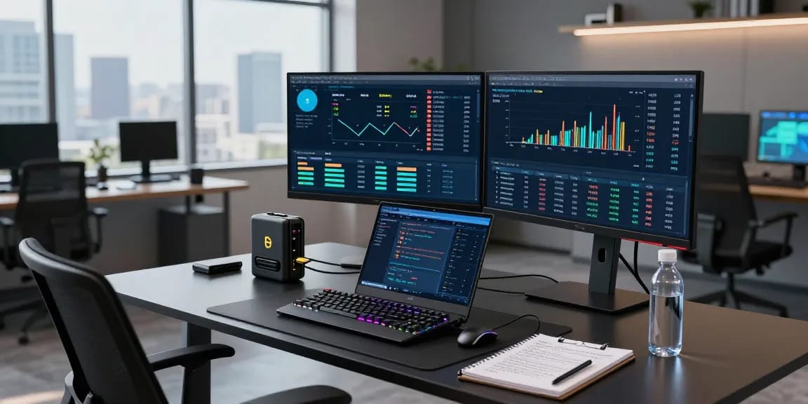 Engaging Bitcoin mining workspace with advanced tech setup highlighting cryptocurrency mining statistics and secure digital wallet management