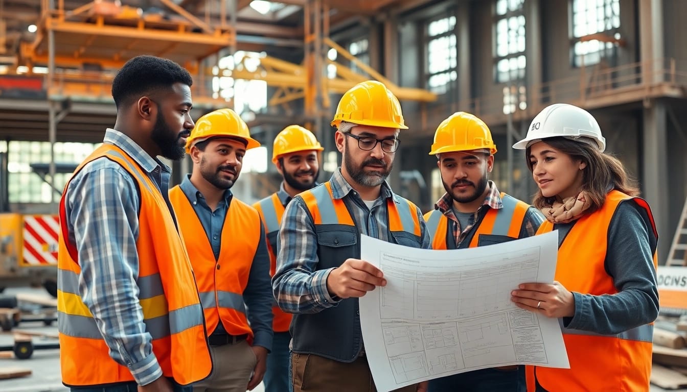 New York General Contractor reviewing plans with a team at a bustling construction site.