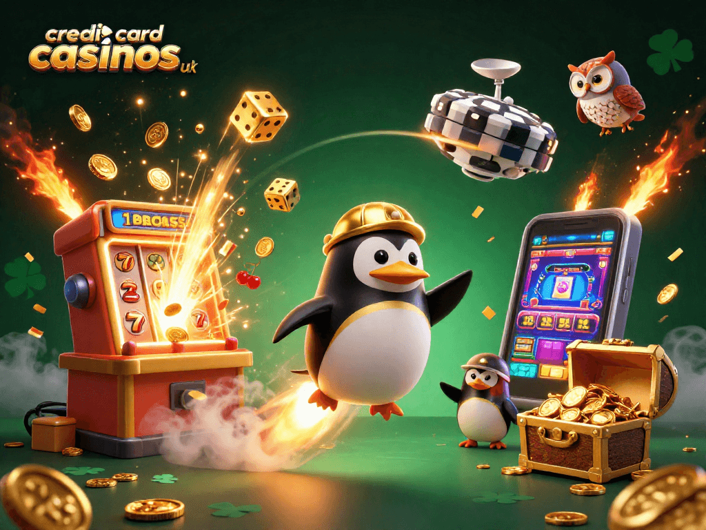 Experience top credit card casinos uk with a golden penguin and slot machine in this vibrant, casino-themed scene.