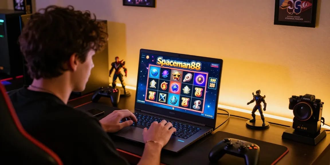 Player engaged in Spaceman88 slot game with vibrant graphics in modern gaming setup.