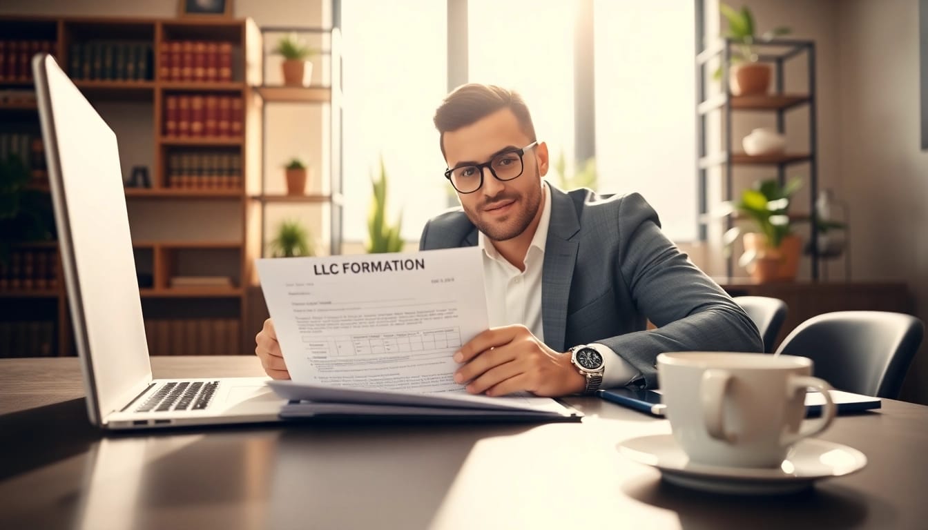 Entrepreneur filling out an LLC formation form in a professional setting with focus and determination.