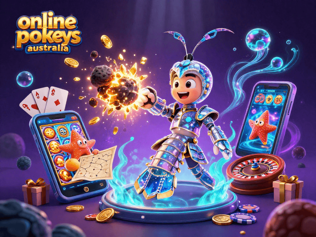Experience online pokies australia in a vibrant 3D scene with a galactic mantis shrimp and colorful slots.
