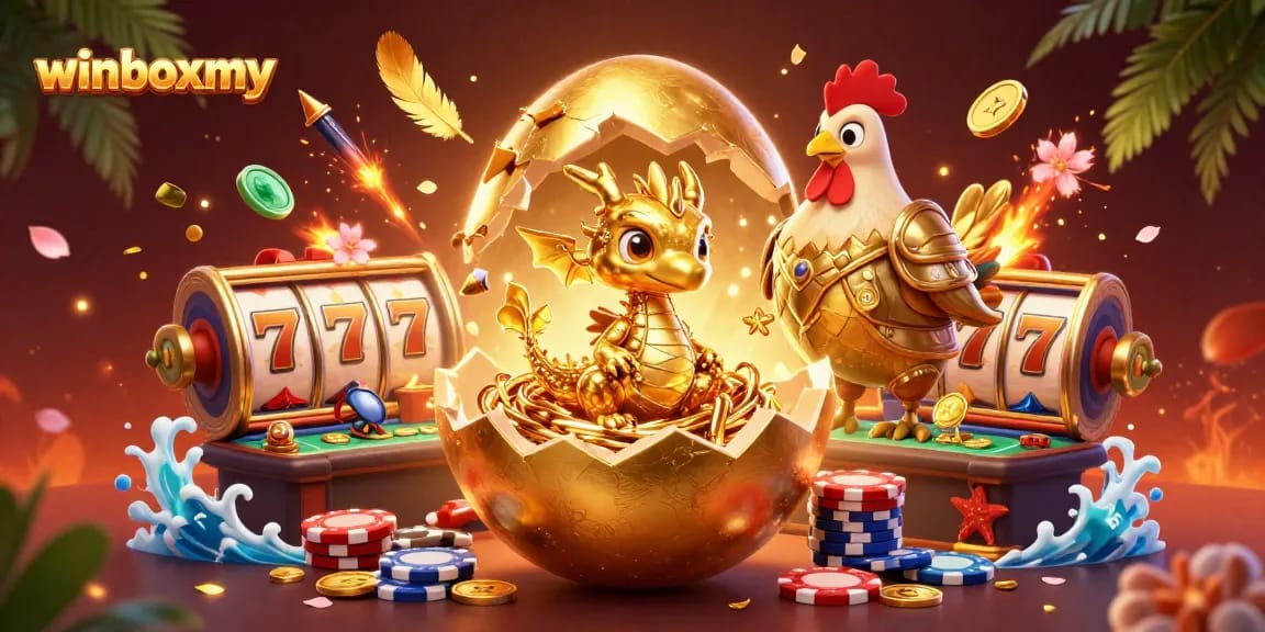 Experience the excitement of winboxmy's casino with a golden dragon surrounded by poker chips and slots.