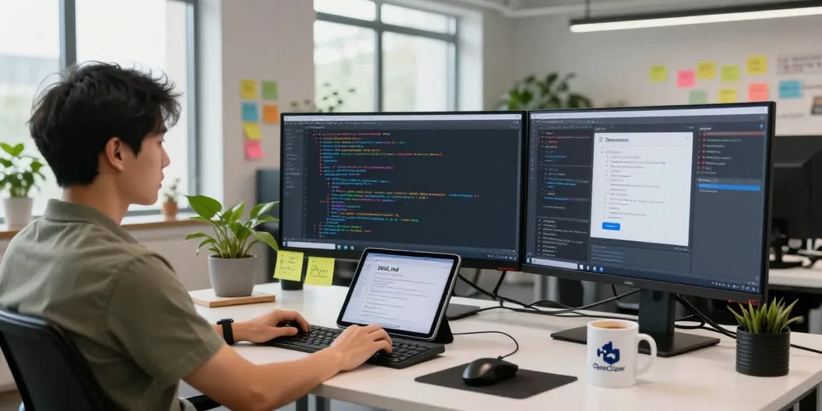 Engineer configuring openclaw skill in a modern AI workspace with code on multiple screens, showcasing an innovative tech environment.