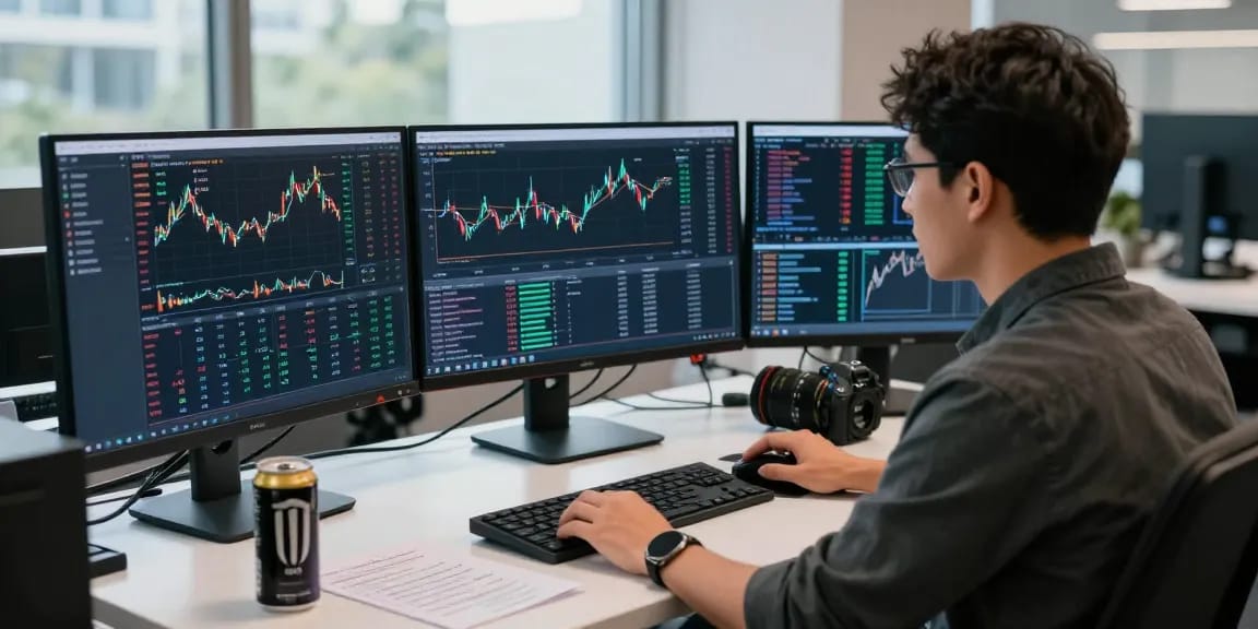 Trader utilizing MetaTrader 5 on multiple screens in a high-tech office.