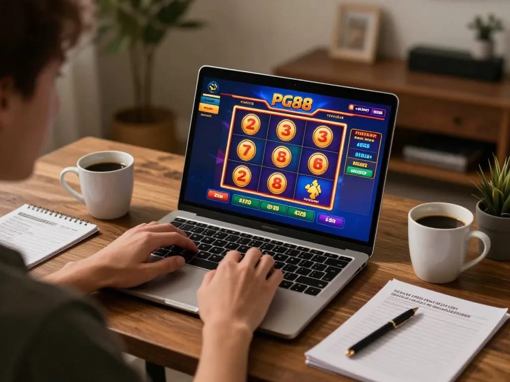 Engaging player enjoying PG88 slots on laptop in a cozy home office setting.