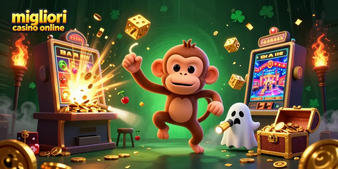 Scopri i migliori casino online con l'illustrazione 3D di un curioso scienziato e un misterioso monkey poltergeist.