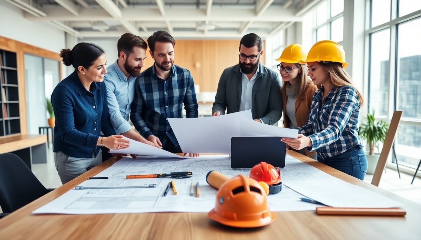 Team members of a construction member organization collaborating on project plans indoors.