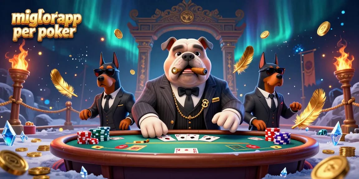 Scopri le migliori app per poker con una scena vibrante che mostra un bulldog in suit e due dobermann nel mondo del poker.