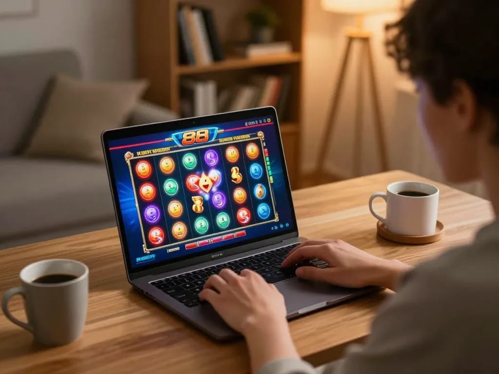 Engaging gameplay on slot88 with vibrant interface displayed on a laptop in a cozy home setting