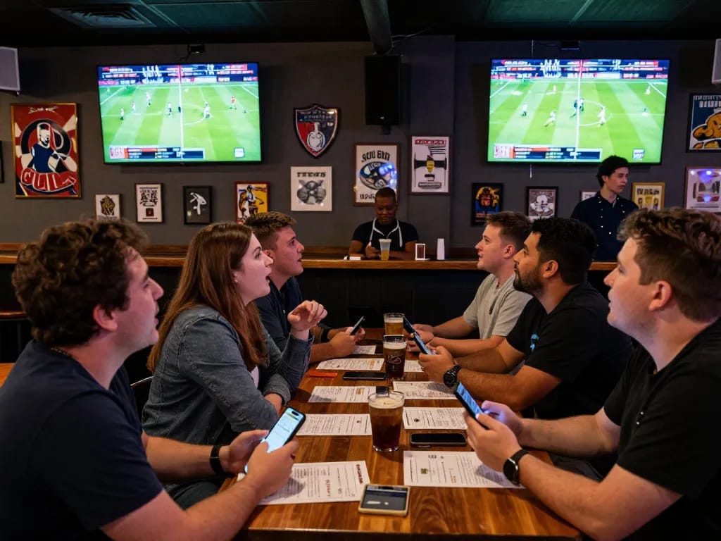 Patrons engaged in live sports betting at the bar, showcasing the energetic atmosphere of https://cakhiatv.design/.
