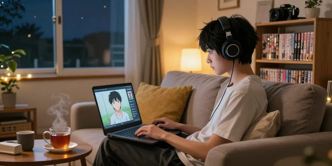 Menikmati animeplay dengan nyaman di ruang tamu yang hangat, dilengkapi dengan pernak-pernik anime.