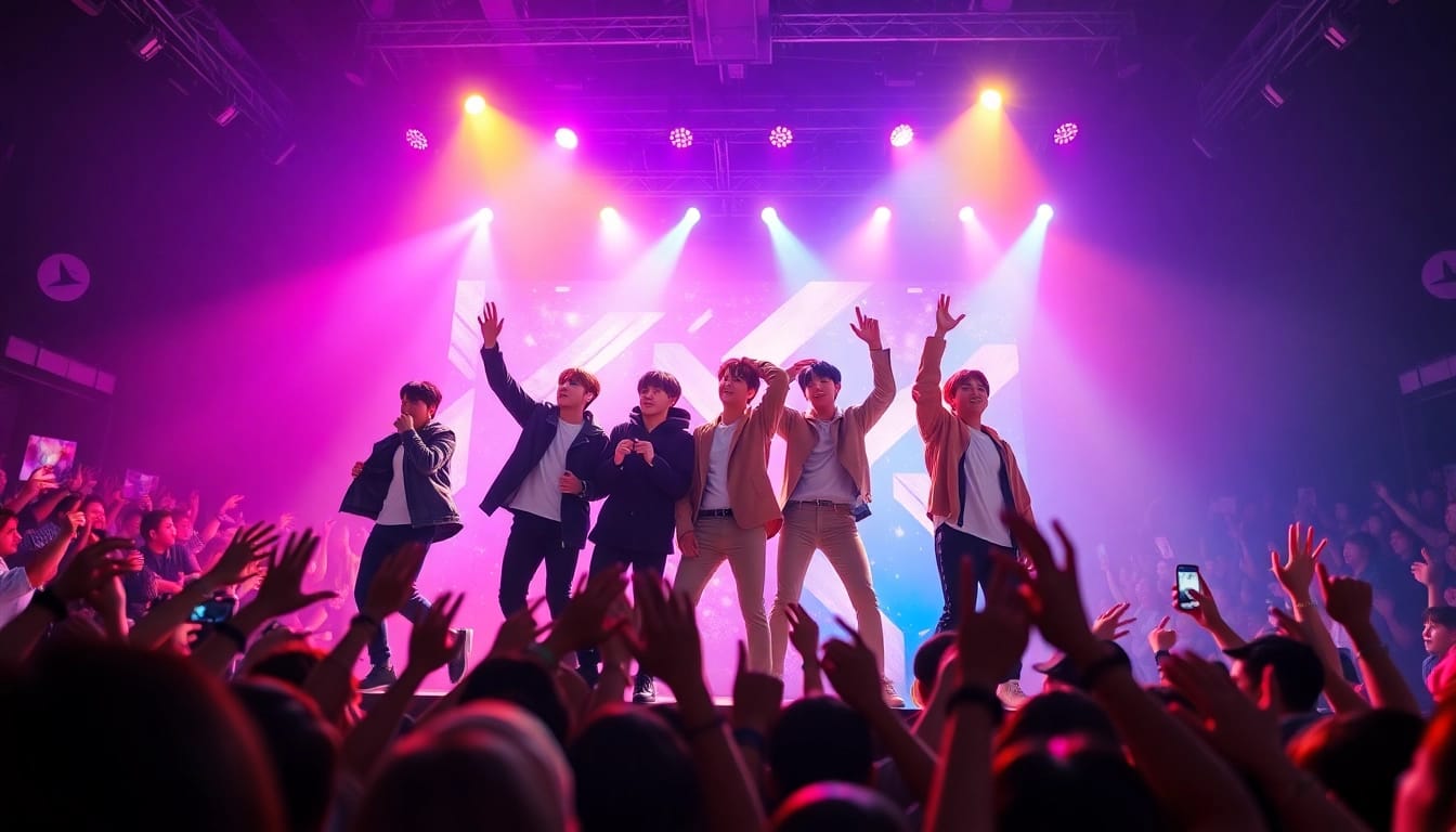 Catch the latest BTS news with members performing on stage amidst vibrant fans.