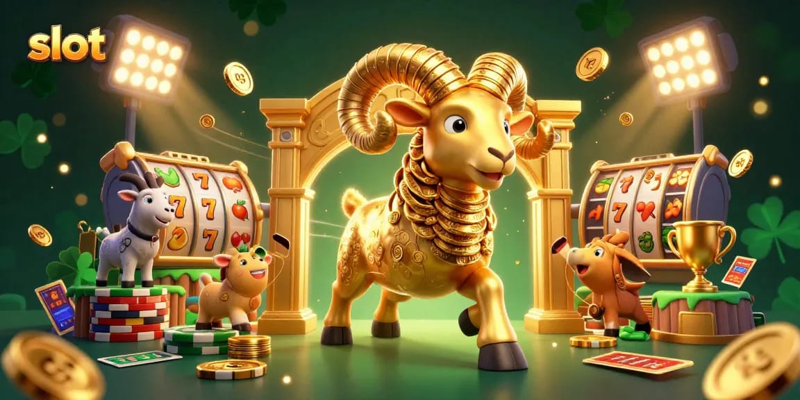 Spin slot machines with golden ram charging at casino gates, capturing excitement.