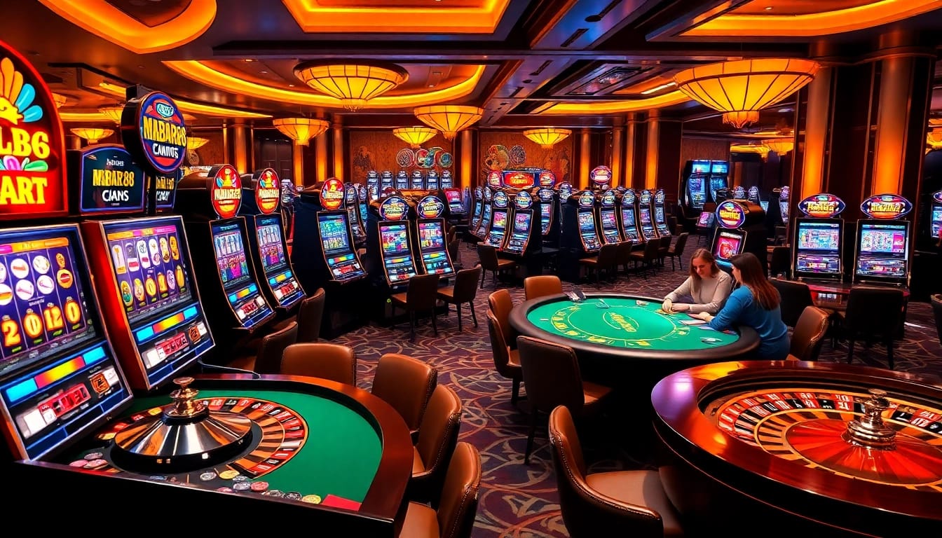 Adegan kasino MABAR88 Spin dengan mesin slot yang penuh warna dan pemain yang terlibat, menampilkan kegembiraan dan strategi.