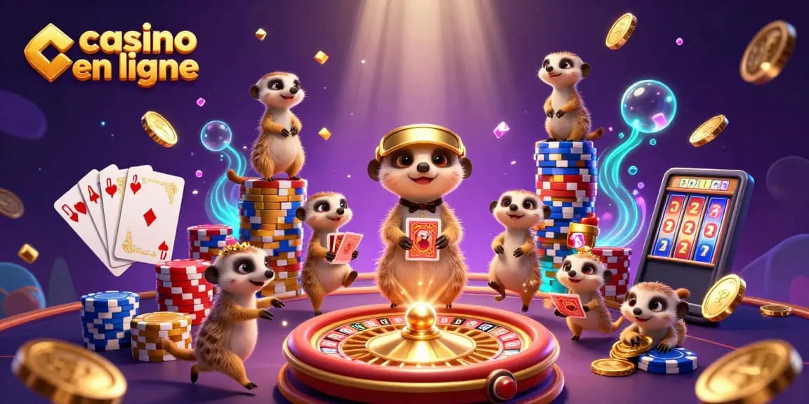 Casino en ligne avec une colonie de suricates animant une opération de jeu dynamique, entourés de pièces dorées étincelantes.