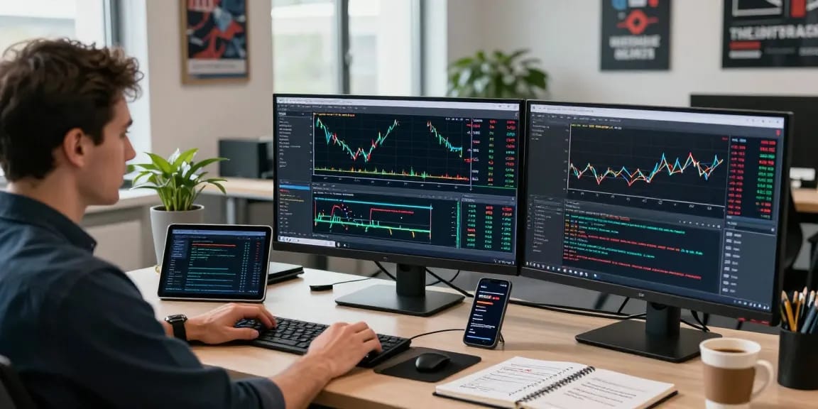 Dynamic trading workspace with mt4 platform on dual monitors, focusing on forex analysis and automated trading setup.