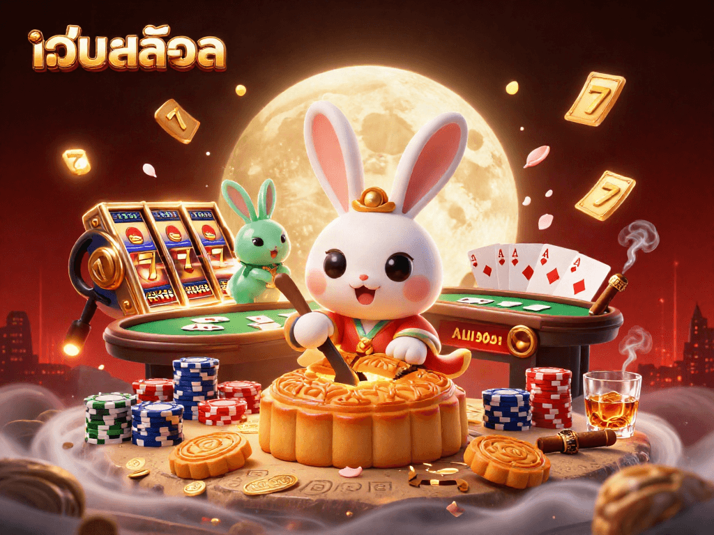 Engage with เว็บสล็อต through an exciting 3D illustration of a moon rabbit amidst lively casino elements.