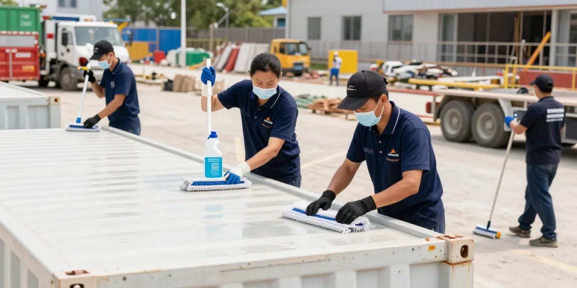 Containerreinigung Firma in Dortmund bei der professionellen Reinigung eines Sanitärcontainers auf einer Baustelle.