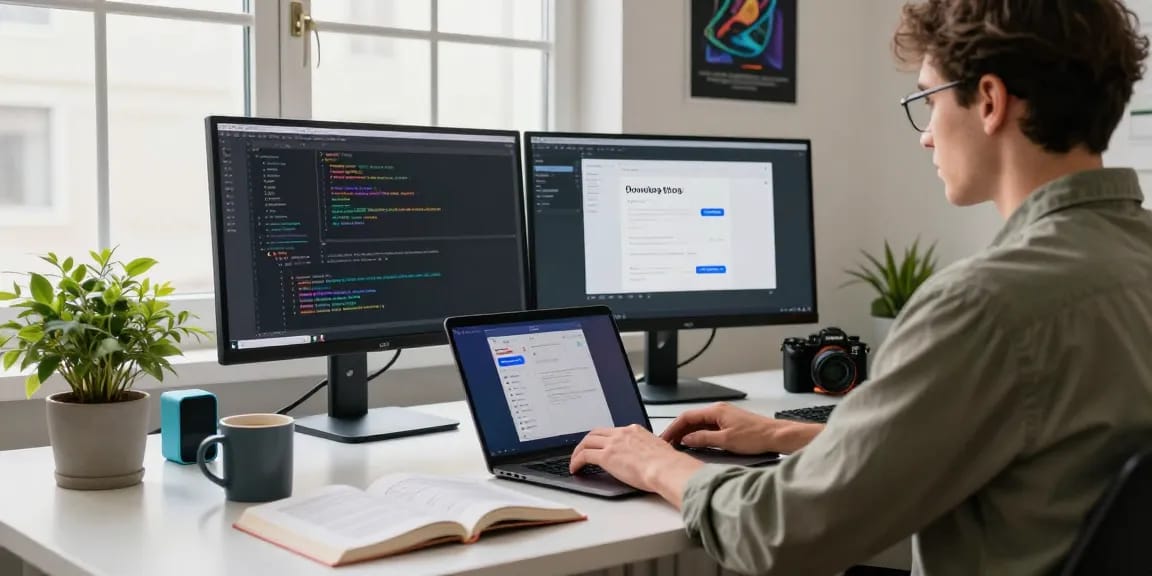 Engaging tech workspace showcasing 纸飞机下载 on laptops and monitors, set in a modern office.