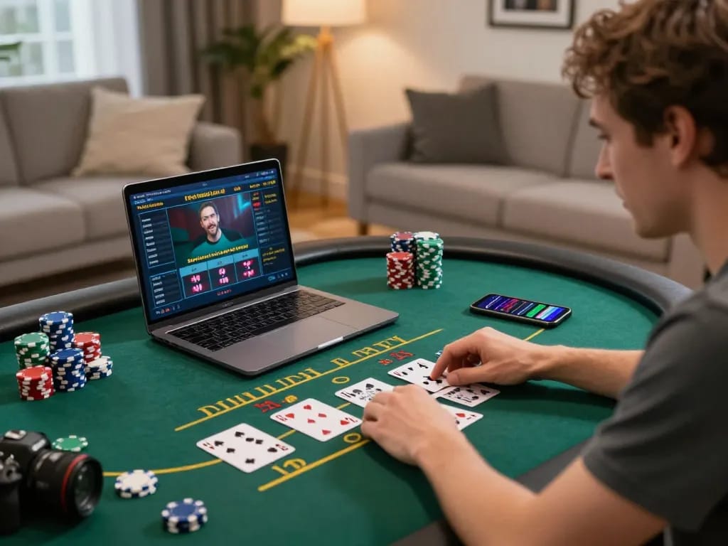 Player engaged in online gambling activities with 8kbet on a laptop, surrounded by poker chips and cards.