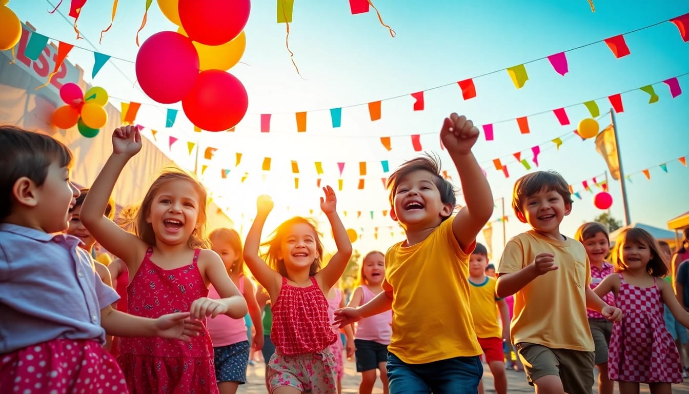Children movin and groovin joyfully at a colorful outdoor festival.