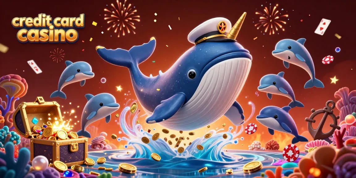 Join the excitement at a credit card casino with our vibrant 3D illustration of a whale and playful dolphins!