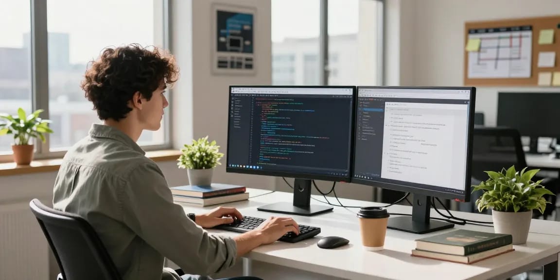 Engaged developer working on 纸飞机中文版 app interface in a modern tech workspace