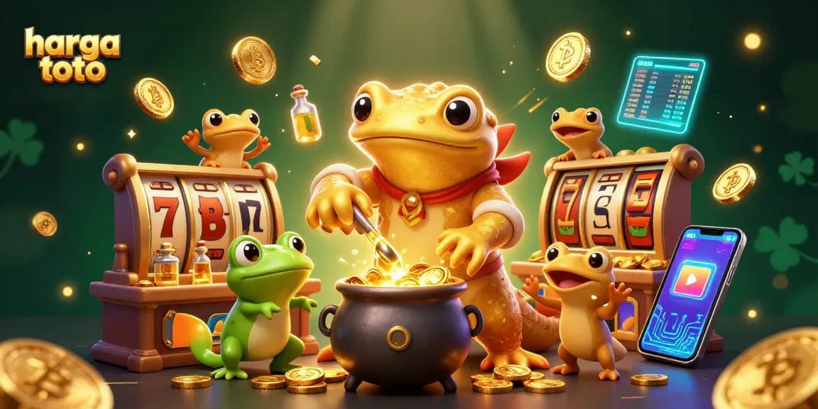 Experience the excitement of harga toto with vibrant slot and casino elements illustrated in a magical alchemist scene.