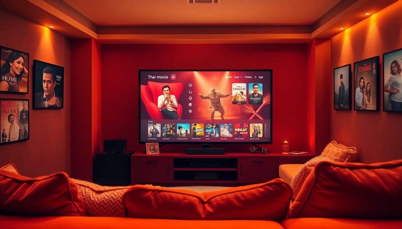 Enjoying หนังออนไลน์ in a cozy home theater setup with a large TV and inviting atmosphere.