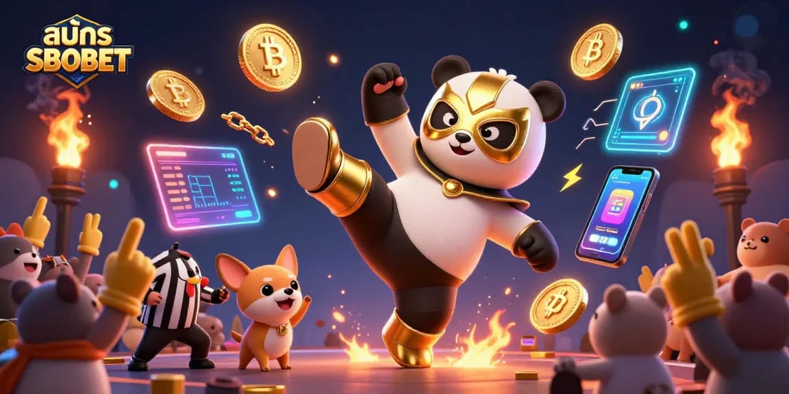 Experience the excitement and thrill of สมัคร SBOBET with a dynamic illustration of a wrestling panda in action.