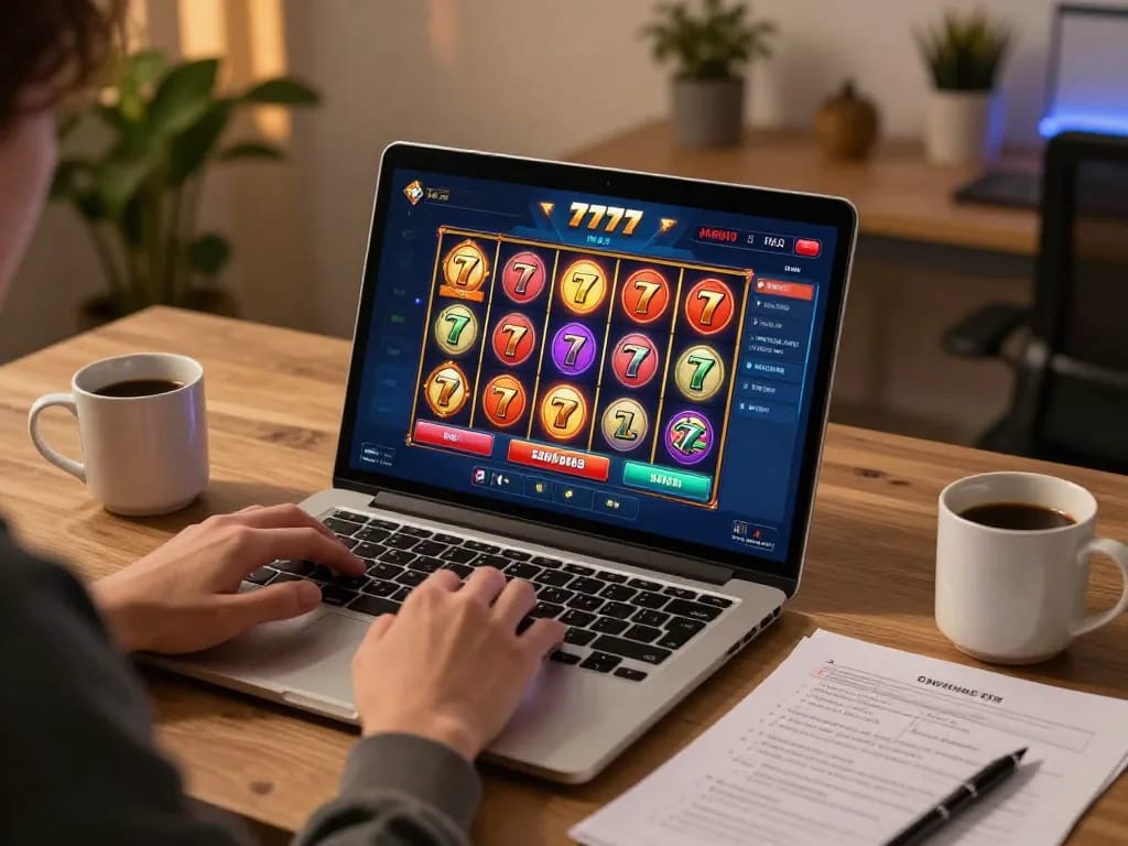 Engaging slot777 gameplay interface on a laptop, showcasing vibrant reels and strategic notes.
