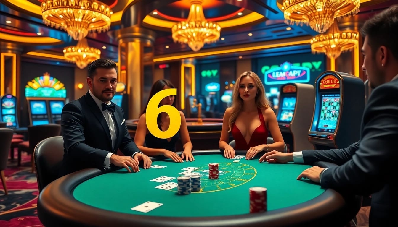 Experience the excitement of gambling at 6FF with a vibrant casino scene featuring poker and roulette.