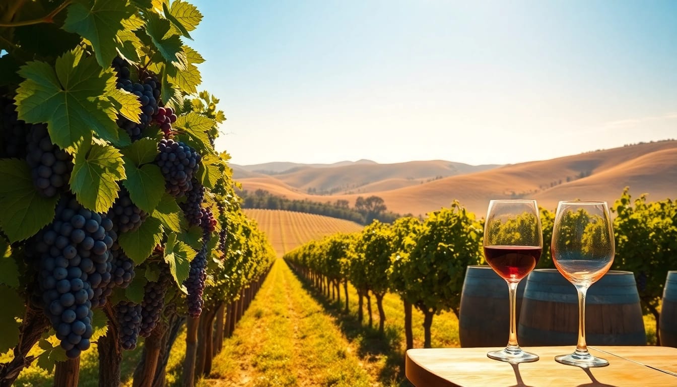Experience the beauty of northern California wine country with lush grapevines and rolling hills.