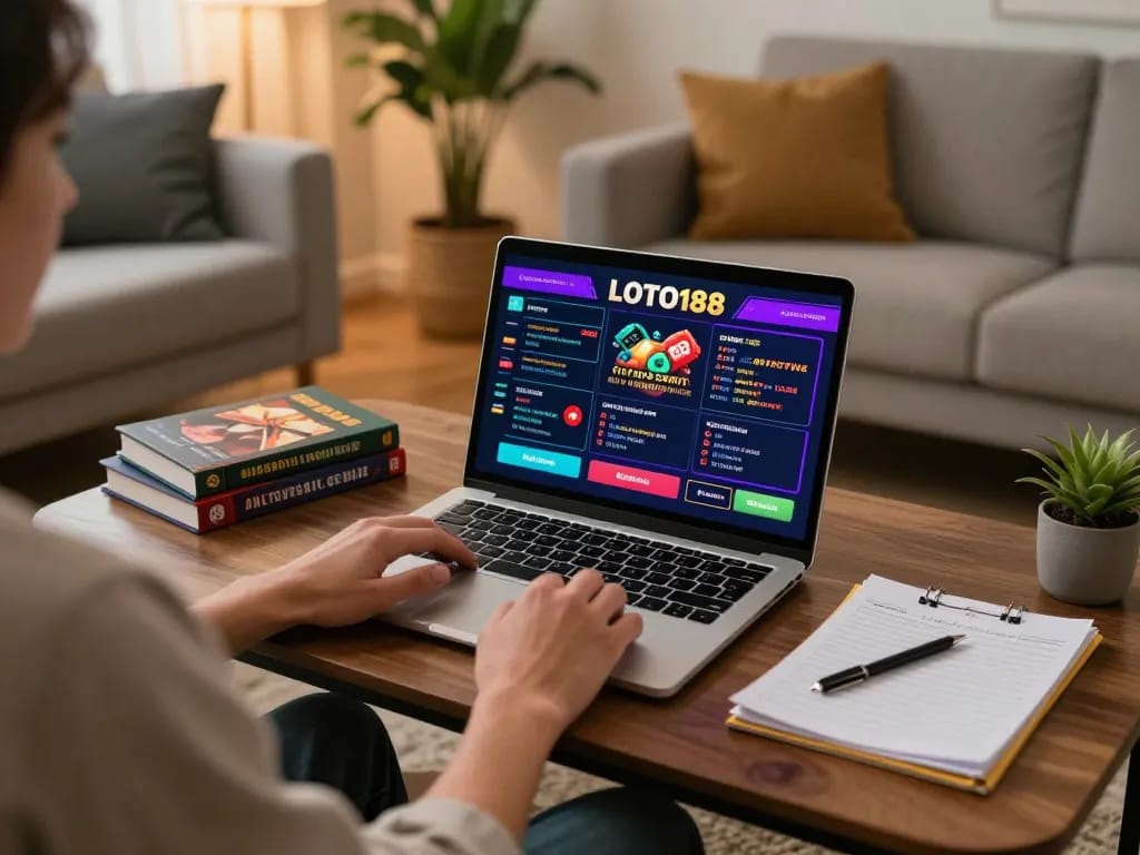 Player engaging with LOTO188 online casino from home, showcasing interactive gaming environment.