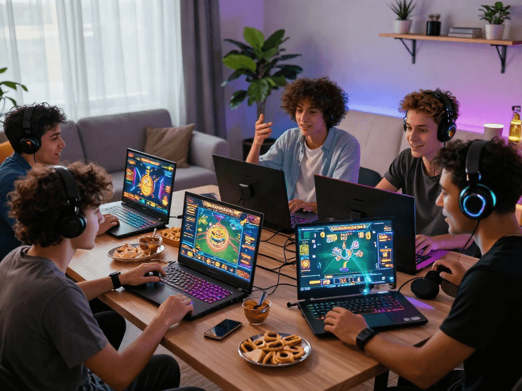 Friends enjoying situs casino gaming on laptops together in a vibrant, cozy atmosphere.