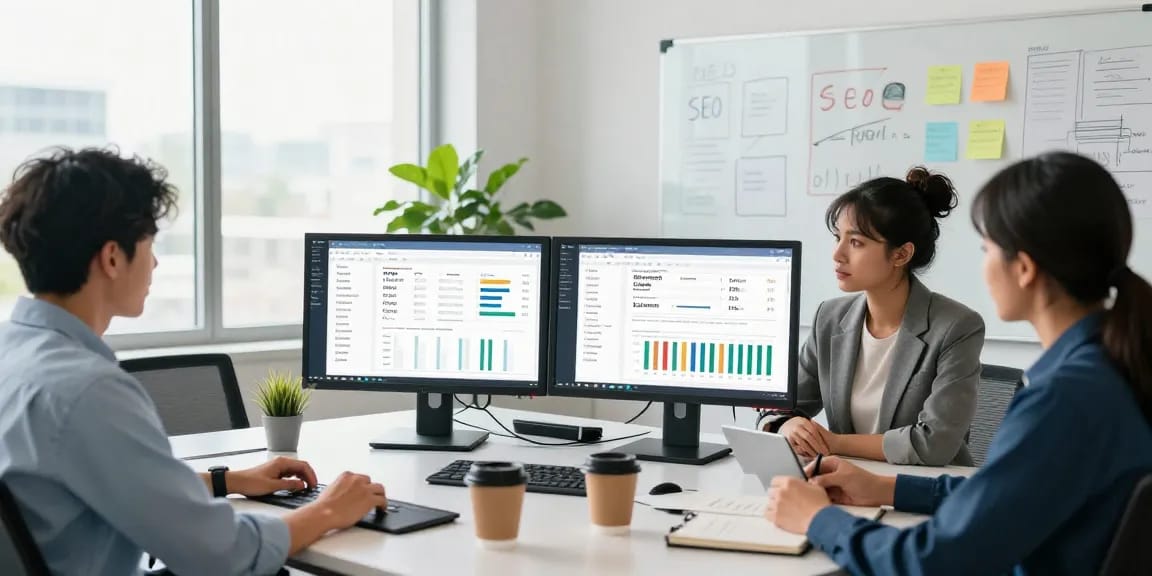 AI SEO service in Malaysia team analyzing digital marketing strategies in a professional workspace.