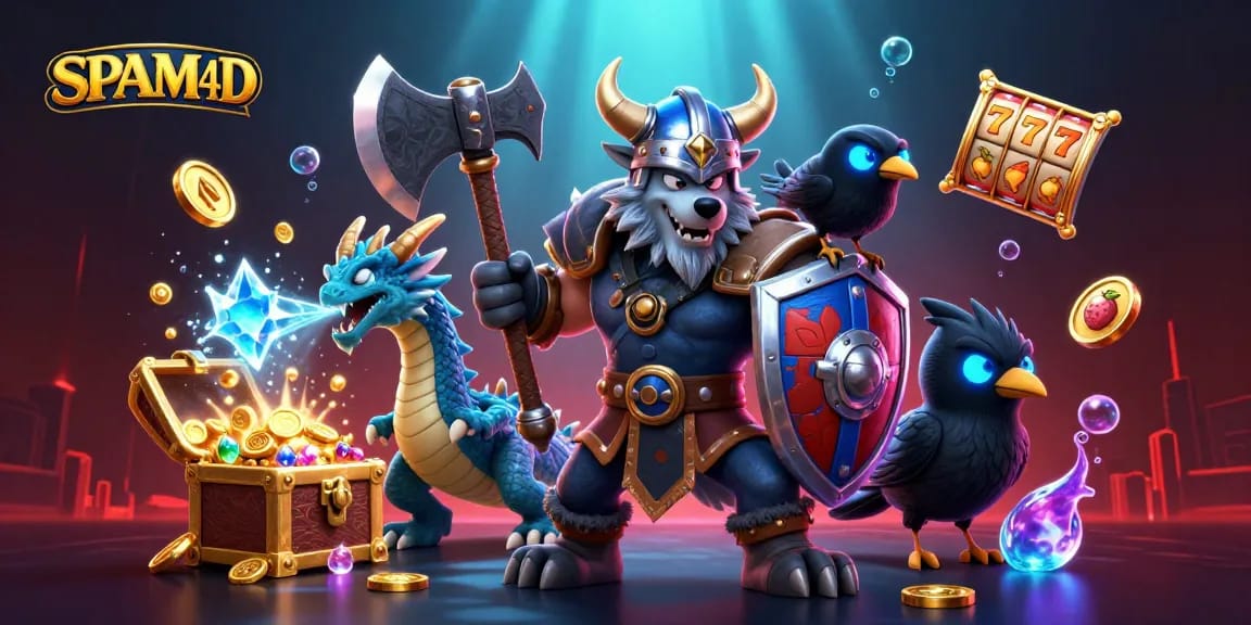 Menangkan hadiah di SPAM4D dengan simbol slot yang mengelilingi pahlawan Viking dan naga es.