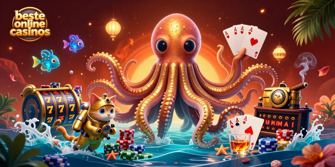 Engage in immersive experiences at beste online casinos with a stunning 3D kraken, diving cat, and game elements.