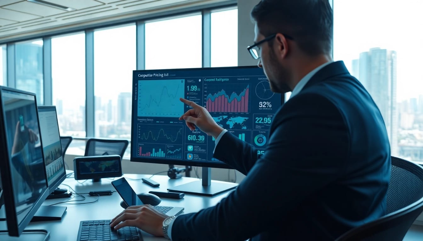 Analyze competitor pricing with a financial analyst examining graphs and charts