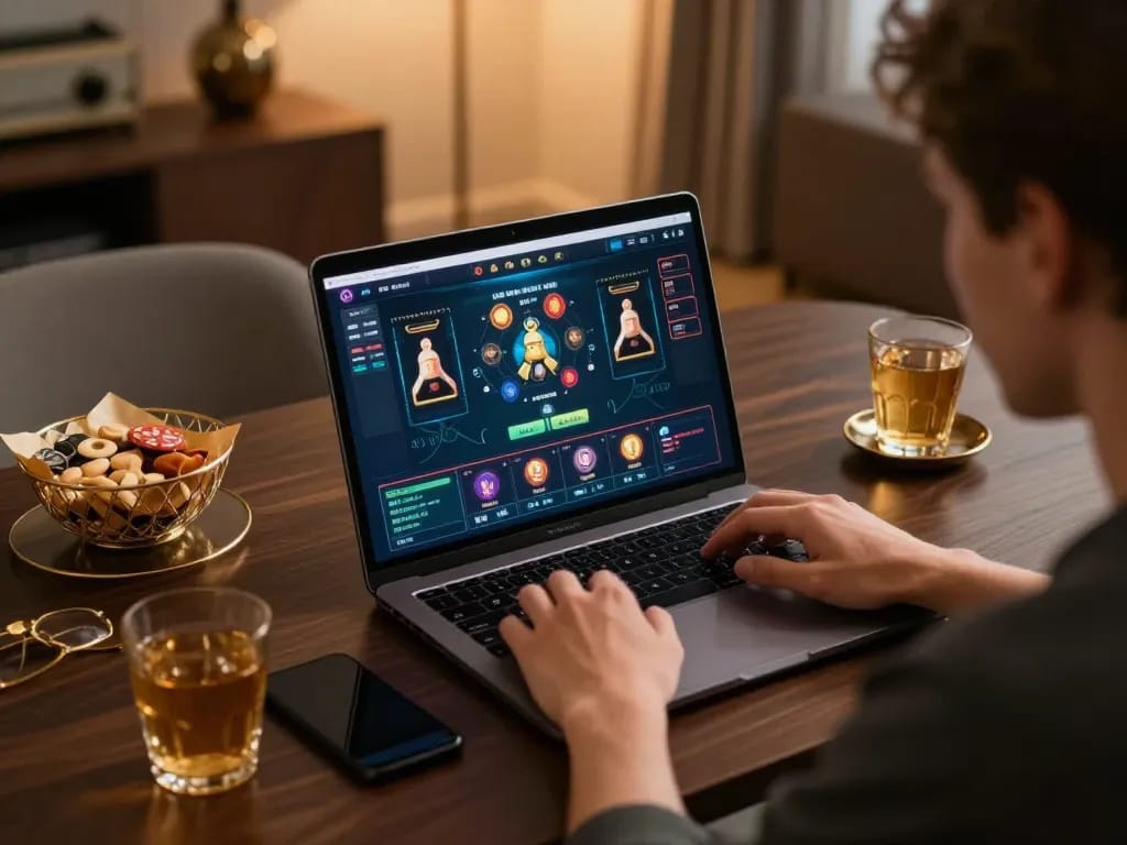 Tham gia vào cá cược trực tuyến chiến lược với link vào m88 mới nhất trên một chiếc laptop trong bối cảnh sang trọng tại nhà
