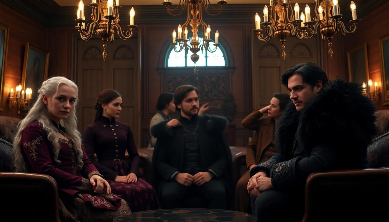 Engaging portrayal of the Game of Thrones cast in a vintage atmosphere, showcasing their iconic styles.