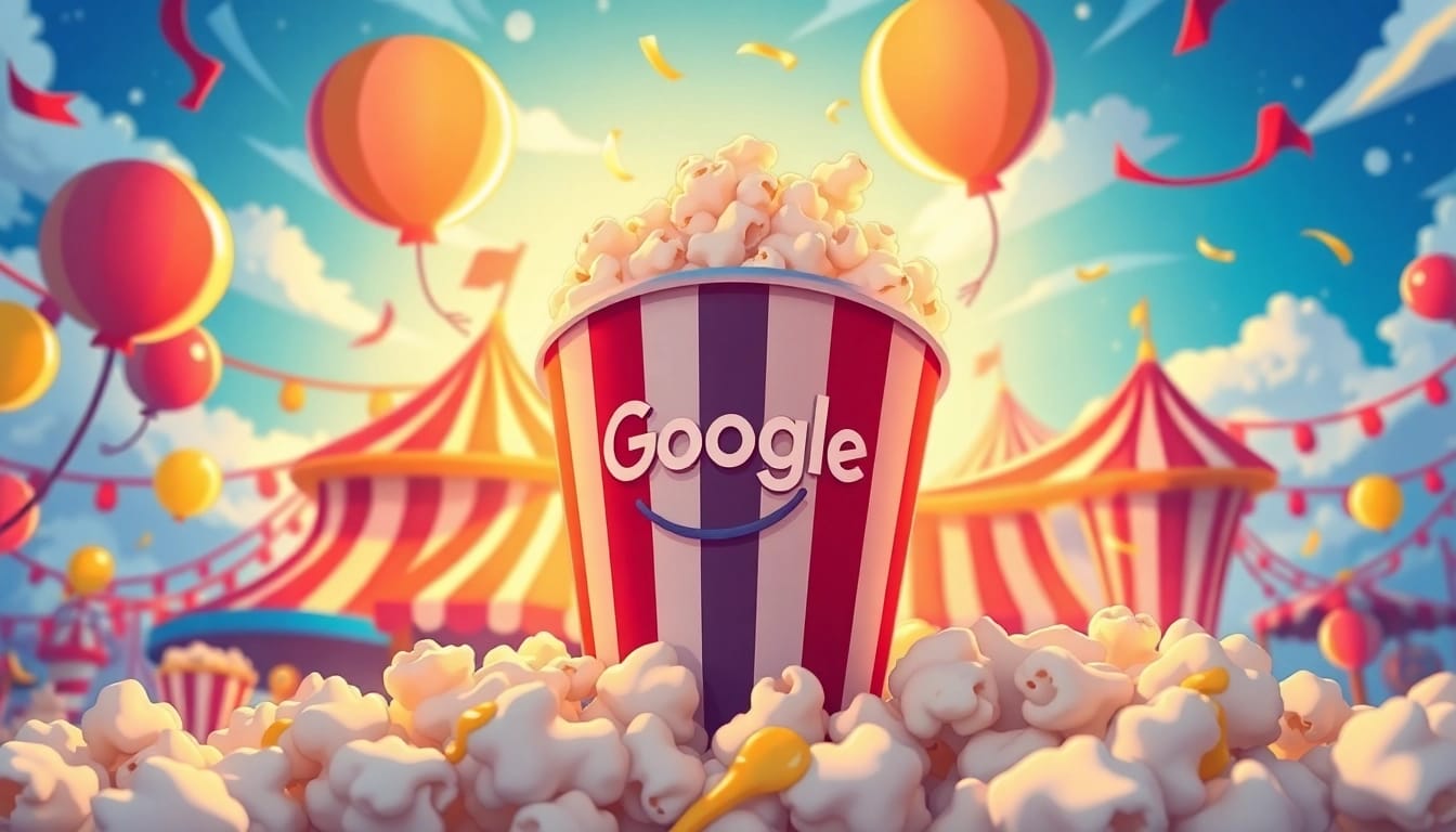 Children enjoying the google doodle popcorn festival with a colorful bucket and carnival backdrop.