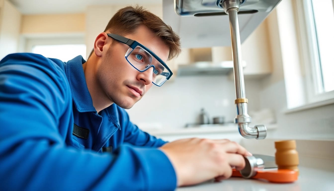 Expert plumber near me fixing residential plumbing in a bright kitchen.