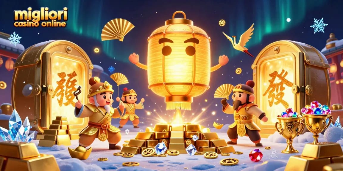 Gioca nei migliori casino online con luci dorate e simboli fortunati in un'illustrazione 3D vibrante.