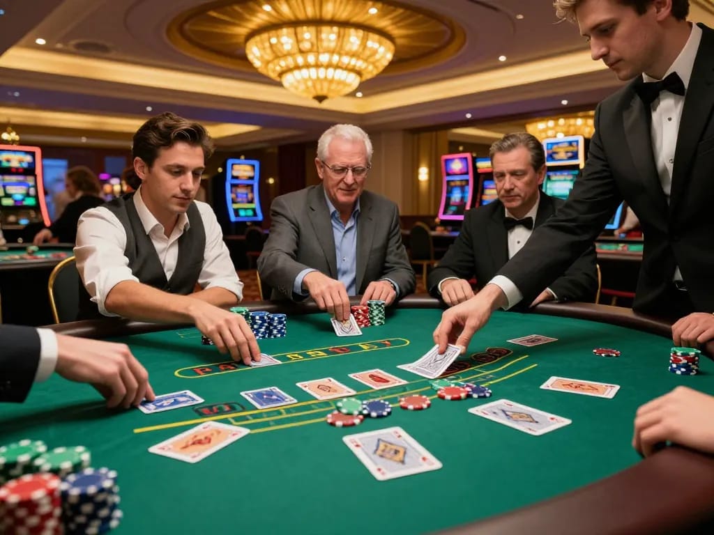Rasakan sensasi di paris888 dengan para pemain yang terlibat dalam aksi blackjack, menampilkan kegembiraan di meja.