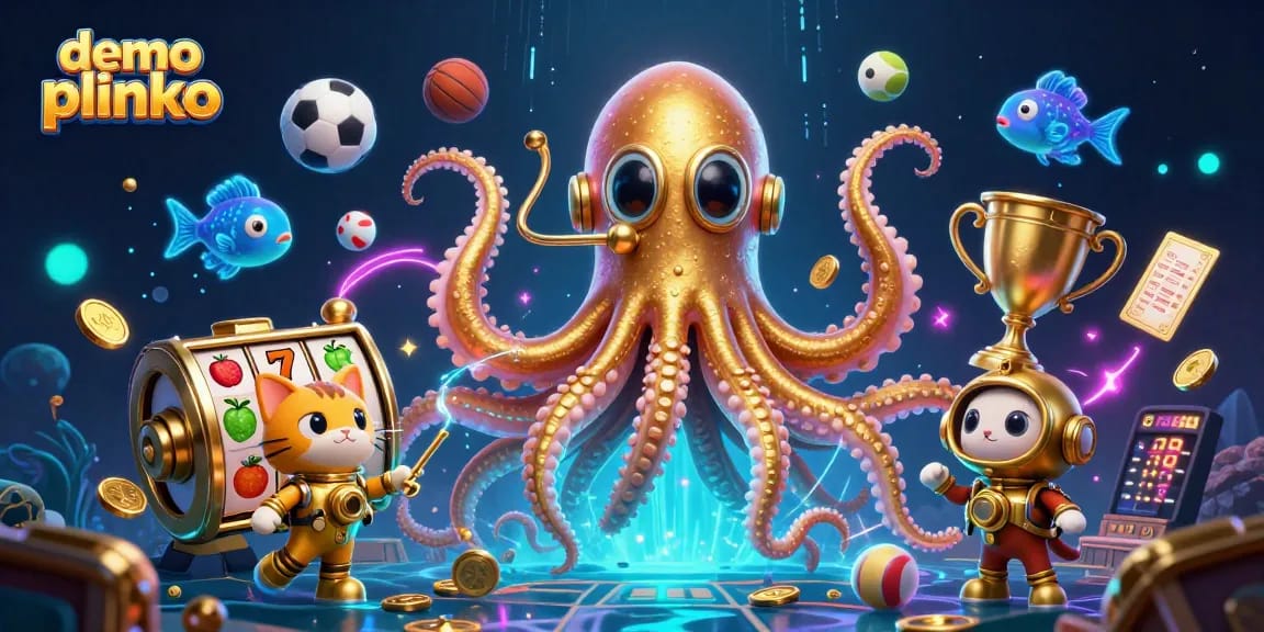 Experience demo plinko with a thrilling underwater scene featuring a kraken and diving cat surrounded by gold coins and sports elements.