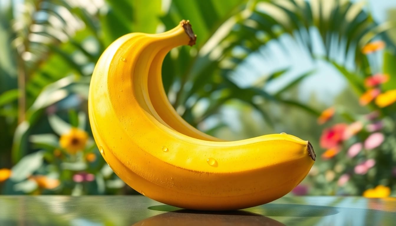 A detailed view of a shiny nano banana set in a vibrant tropical garden, highlighting its unique features.