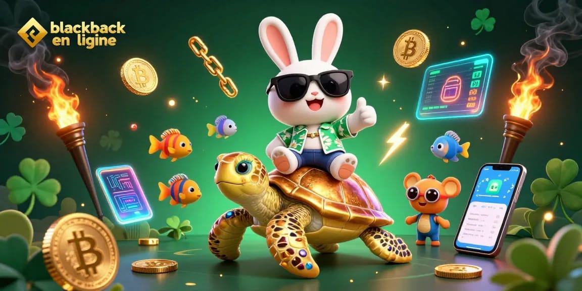 Jouez au blackjack en ligne avec cette scène animée, un lapin chanceux et une tortue en or.
