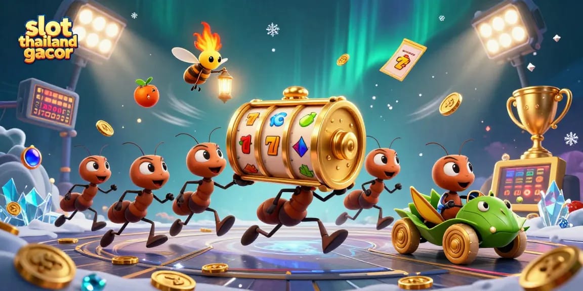 Experience thrilling wins with slot thailand gacor as ants carry a giant slot reel in an enchanting scene.